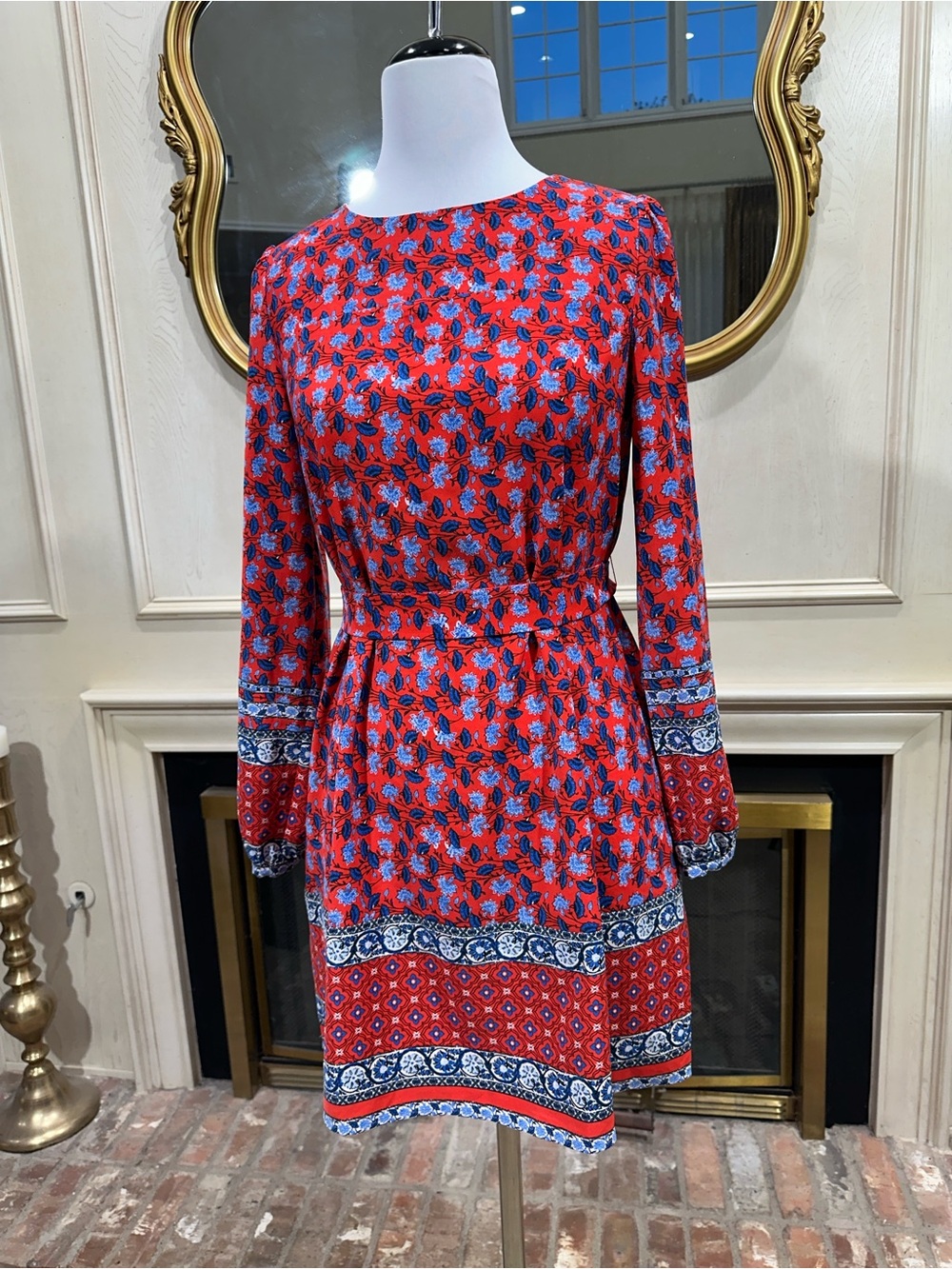 LOFT Dress XS NWT Red Blue Boho Floral Border Print Balloon Sleeve Shift Mini